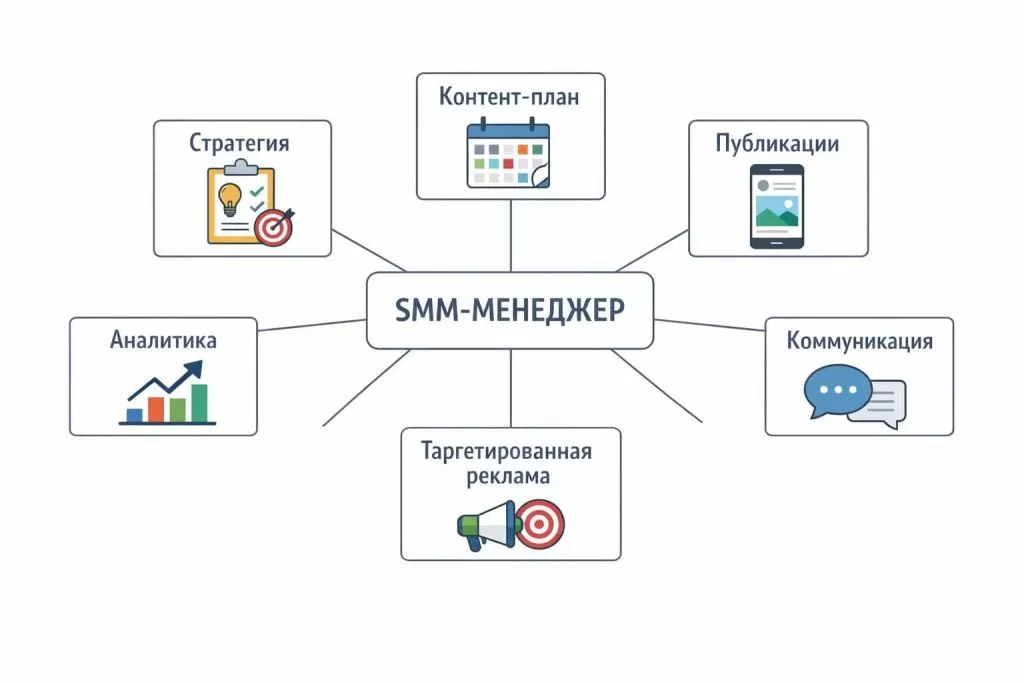 Инфографика с обязанностями и зонами ответственности SMM-менеджера.
