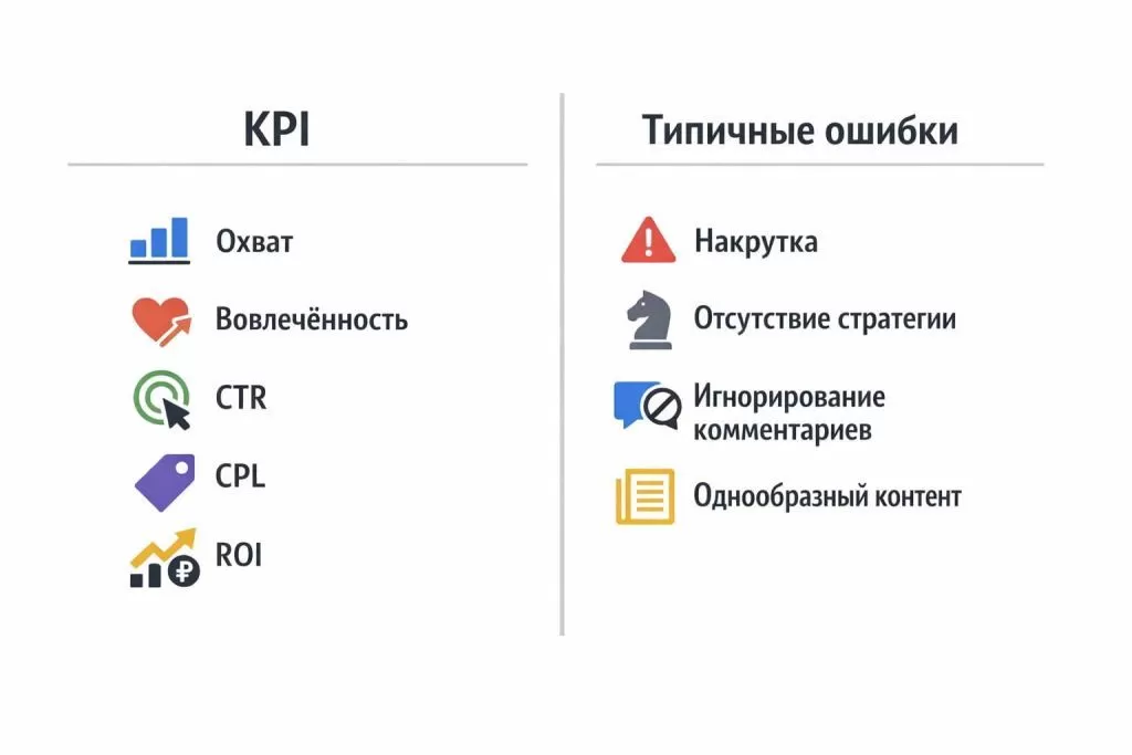 Инфографика об оценке эффективности SMM и типичных ошибках продвижения.