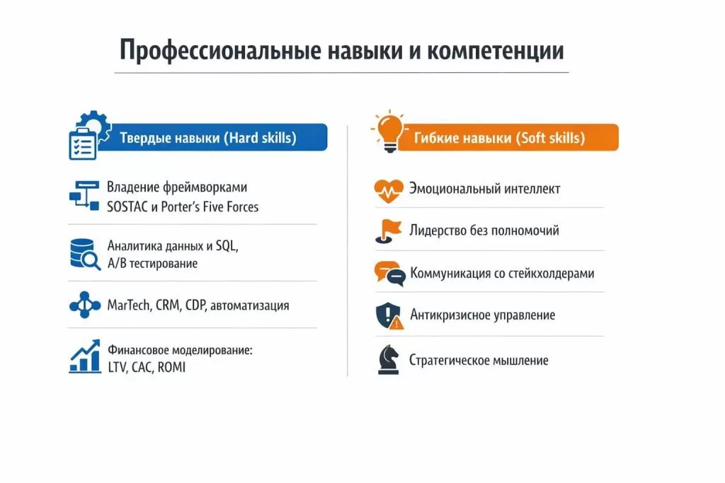 Инфографика с разделением на твердые и гибкие навыки директора по маркетингу.