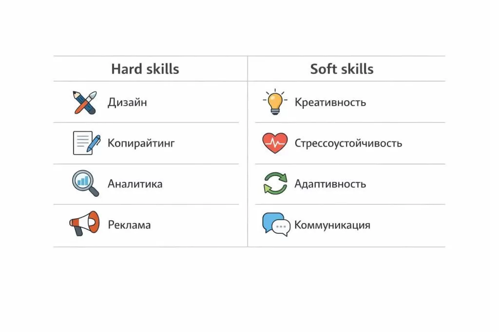 Инфографика с ключевыми навыками и компетенциями SMM-специалиста.