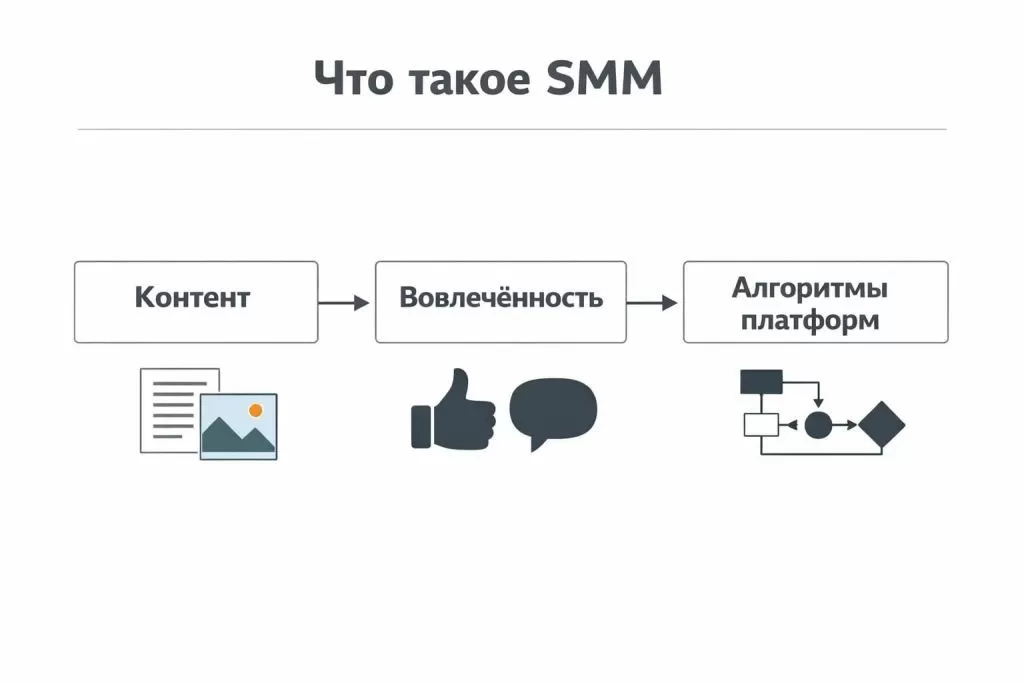 Инфографика с определением SMM и базовыми принципами работы в соцсетях.