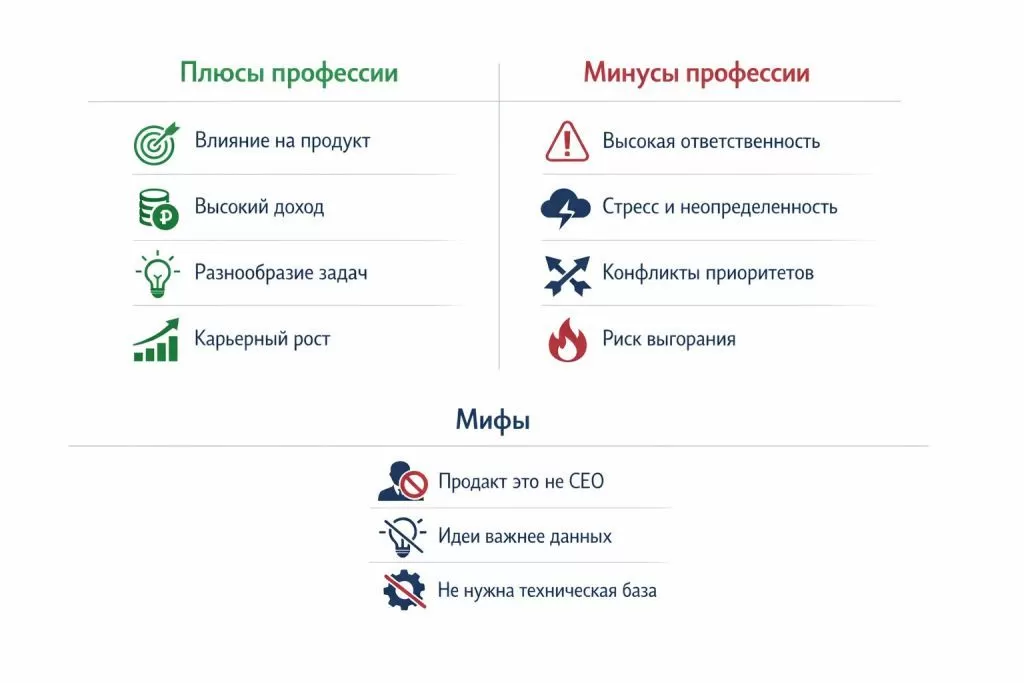 Плюсы минусы и мифы профессии продакт менеджера в инфографике.