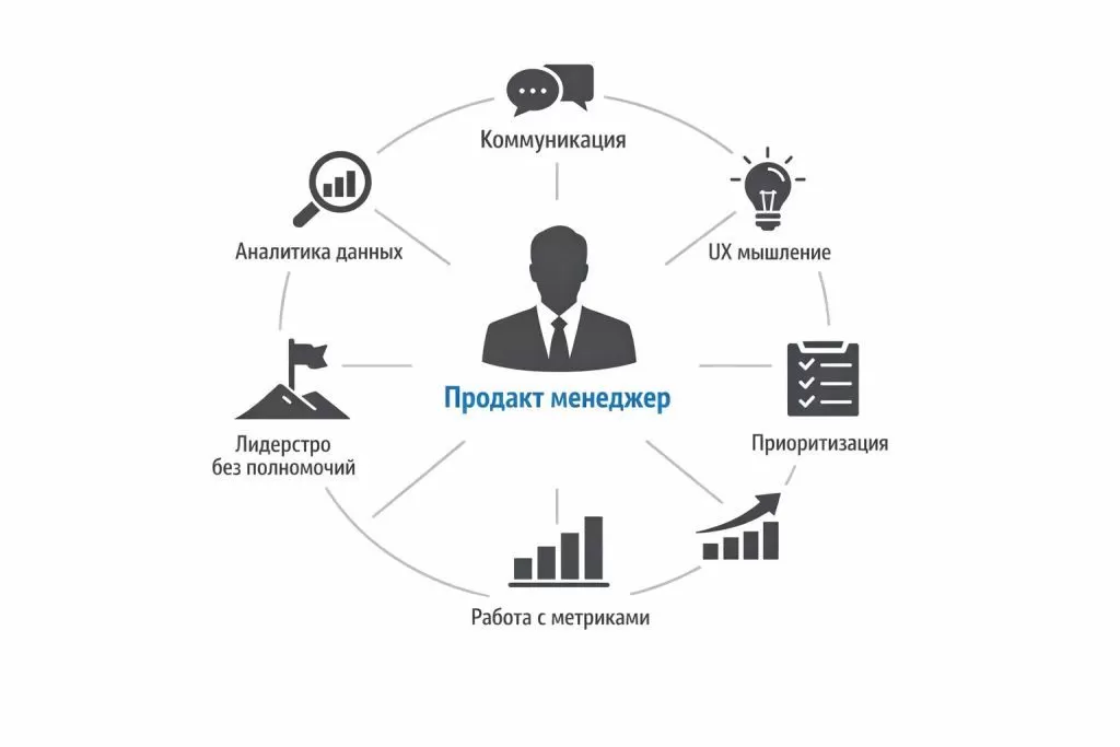 Ключевые навыки и компетенции продакт менеджера в виде инфографики.