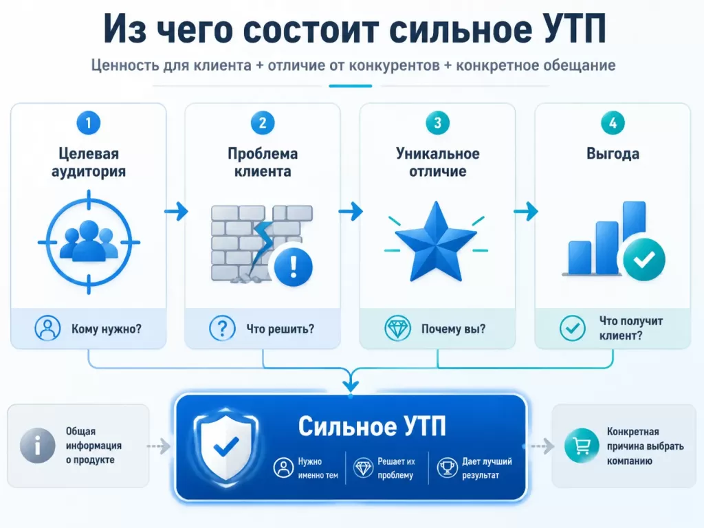 Из чего состоит сильное УТП — целевая аудитория, проблема клиента, уникальное отличие и выгода