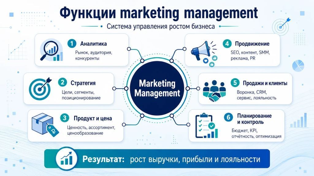 Функции marketing management: аналитика, стратегия, продажи и контроль роста.