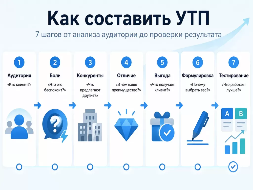 Как составить УТП пошагово — анализ аудитории, конкурентов, преимуществ, выгоды, формулировка и тестирование