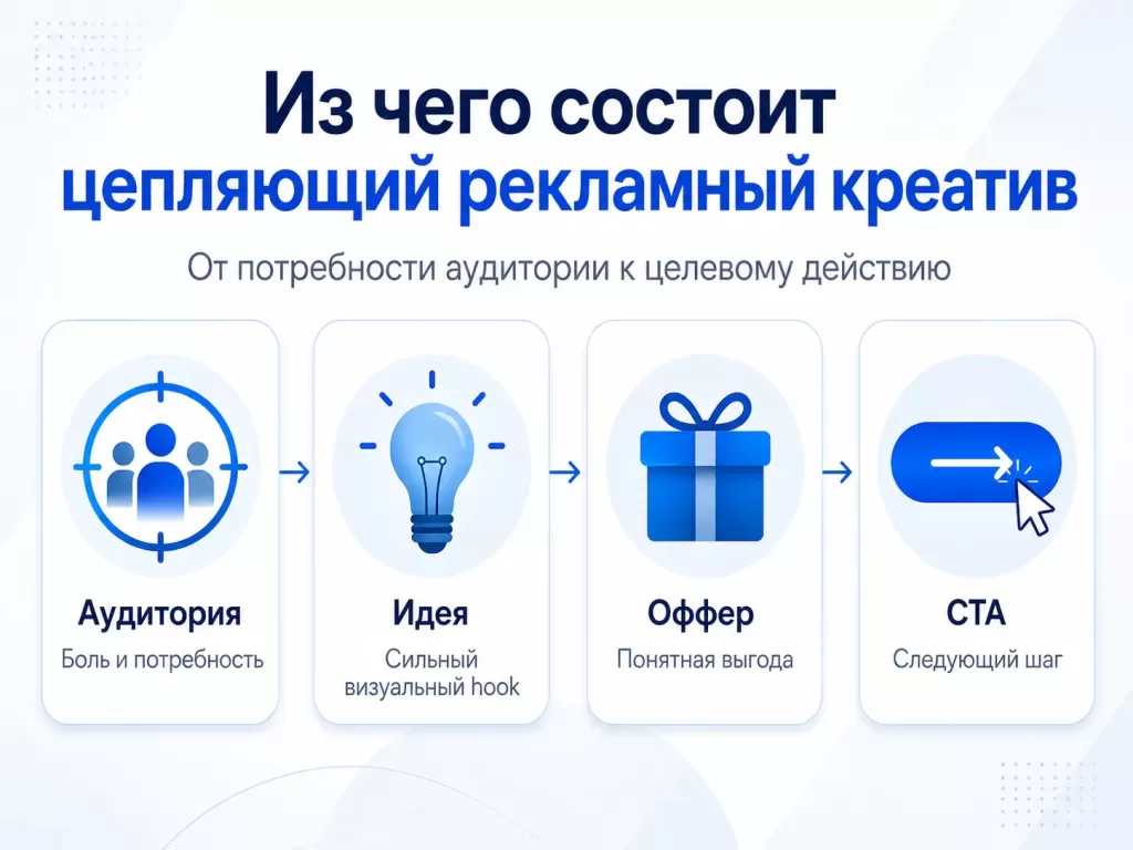 Инфографика с четырьмя элементами цепляющего рекламного креатива: аудитория, идея, оффер и призыв к действию.
