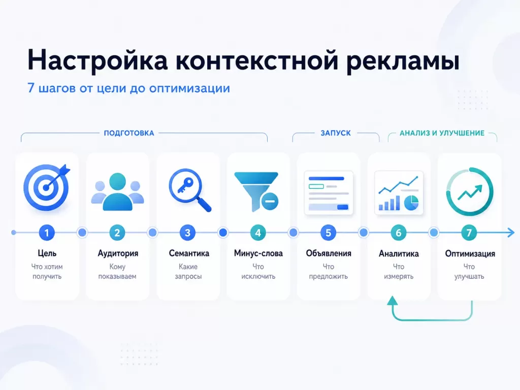 Этапы настройки контекстной рекламы — цель, аудитория, семантика, объявления, аналитика и оптимизация