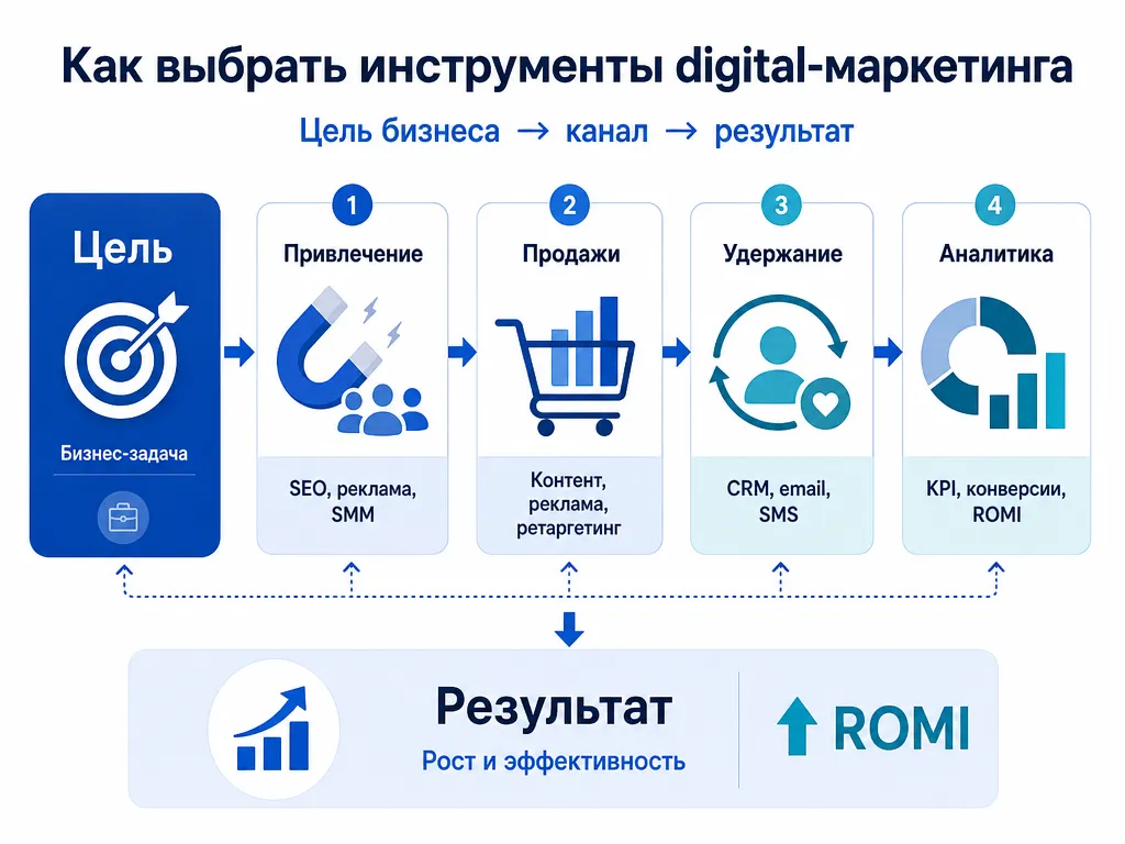 Как выбрать инструменты digital-маркетинга в зависимости от целей бизнеса: привлечение, продажи, удержание и аналитика