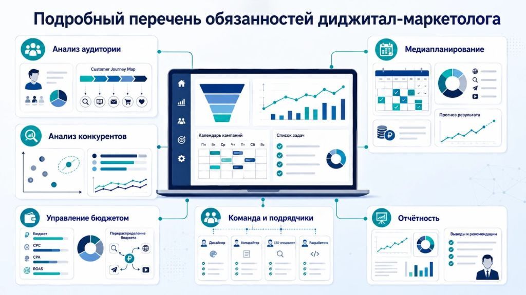Инфографика с обязанностями диджитал-маркетолога: аудитория, конкуренты, медиаплан, бюджет, команда и отчётность.