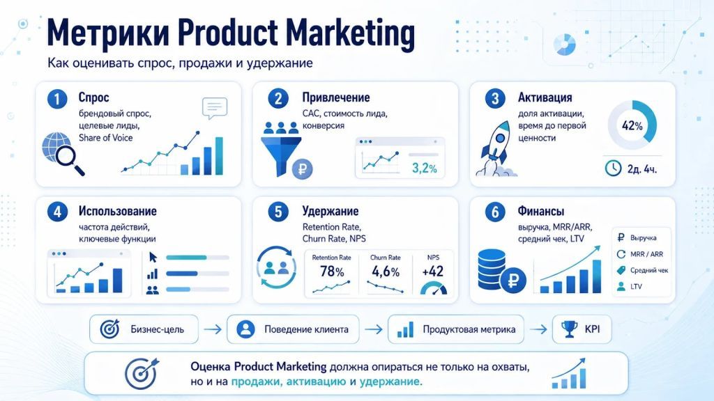 Метрики продуктового маркетинга: спрос, привлечение, активация, удержание и выручка.