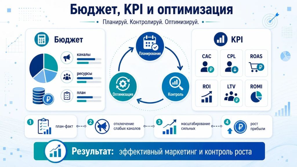 Бюджет, KPI и оптимизация маркетинга для контроля эффективности и прибыли.