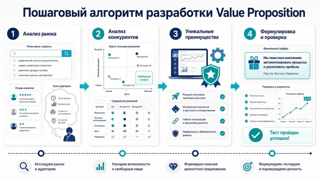 Пошаговый алгоритм разработки Value Proposition от анализа рынка до проверки оффера. 