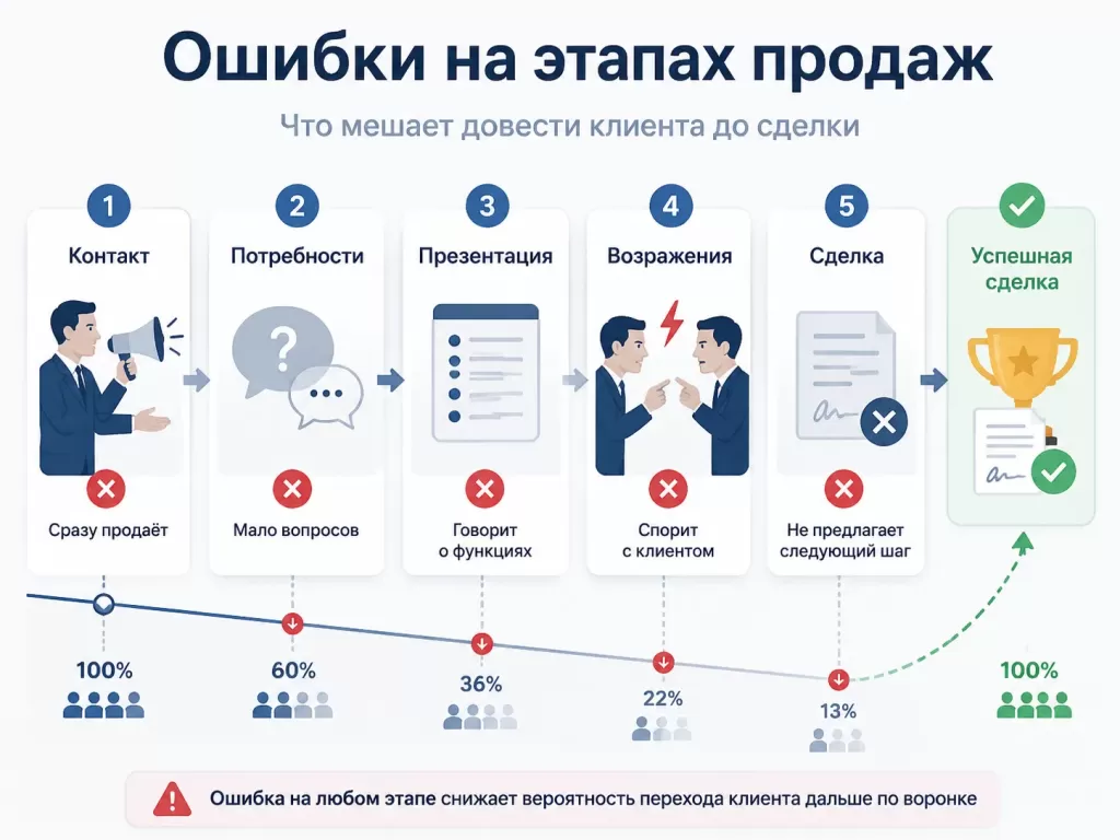 Типичные ошибки менеджеров на пяти этапах продаж от контакта до закрытия сделки