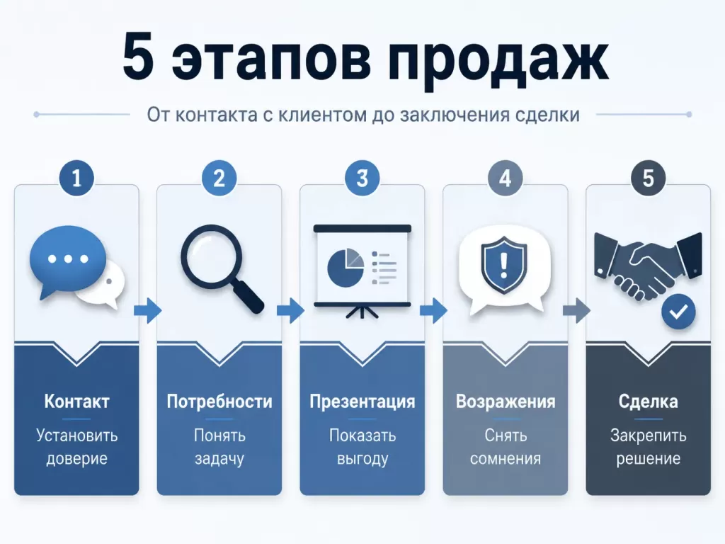 Схема пяти этапов продаж: контакт, потребности, презентация, возражения и сделка