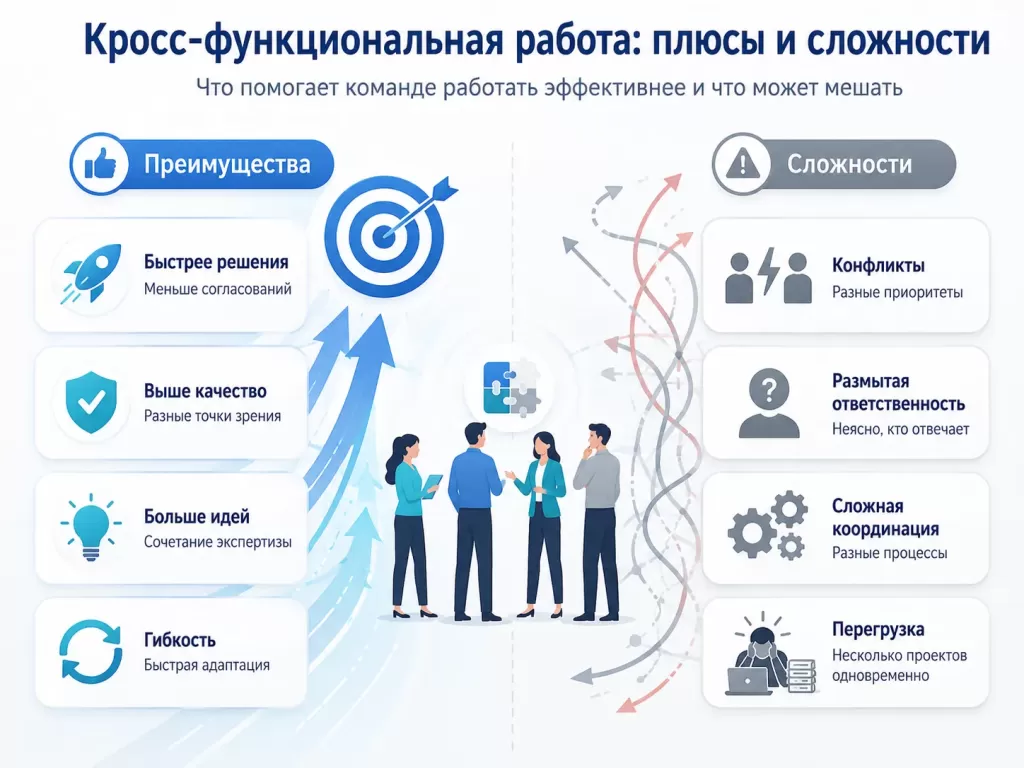 Преимущества и сложности кросс-функциональной работы: скорость решений, экспертиза, гибкость, конфликты и координация