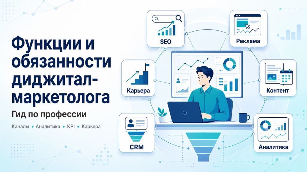 Обложка статьи «Функции и обязанности диджитал-маркетолога: гид по профессии» с каналами digital-маркетинга, аналитикой и карьерным ростом. 