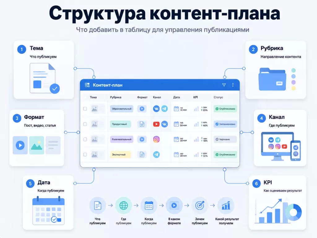 Структура контент-плана бренда: тема, рубрика, формат, канал, дата и KPI