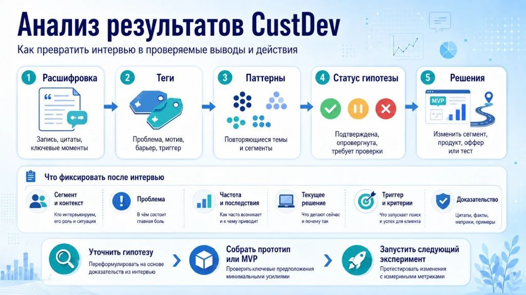 Анализ результатов CustDev: теги, паттерны, гипотезы и продуктовые решения.