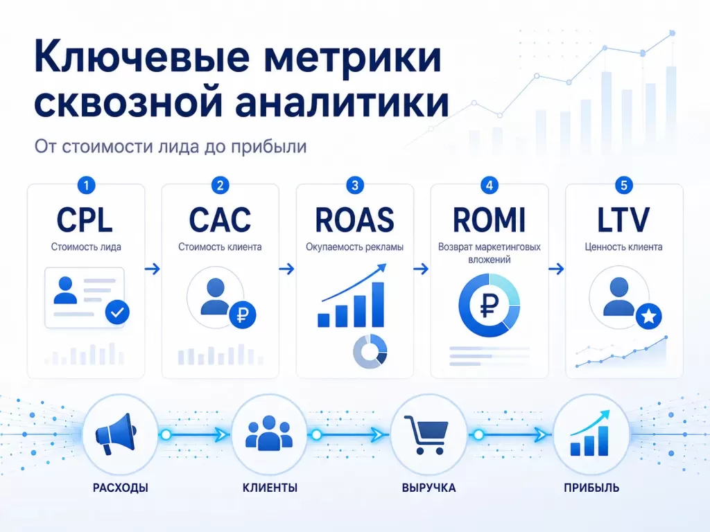 Ключевые метрики сквозной аналитики CPL CAC ROAS ROMI и LTV