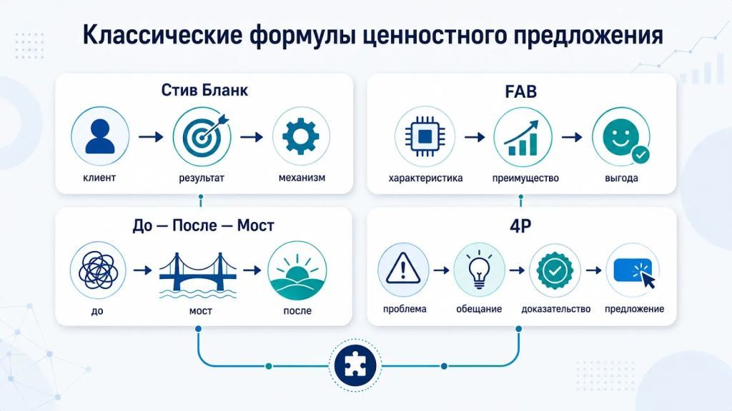 Инфографика с классическими формулами ценностного предложения: FAB, 4P, До – После – Мост и формула Стива Бланка. 