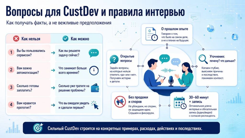 Вопросы для CustDev и правила проведения интервью с респондентами.