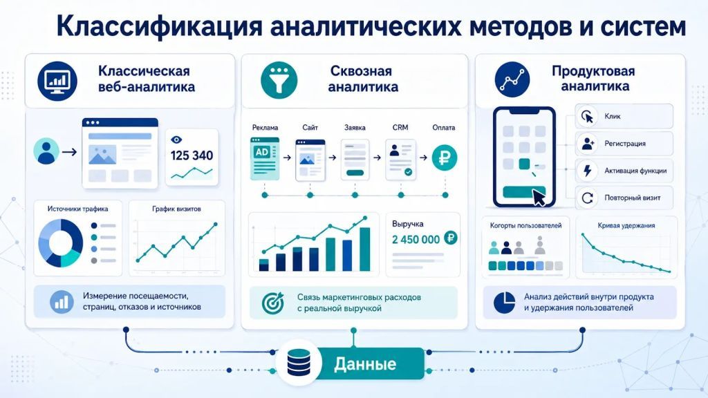 Инфографика с классификацией систем веб-аналитики: классическая, сквозная и продуктовая аналитика. 