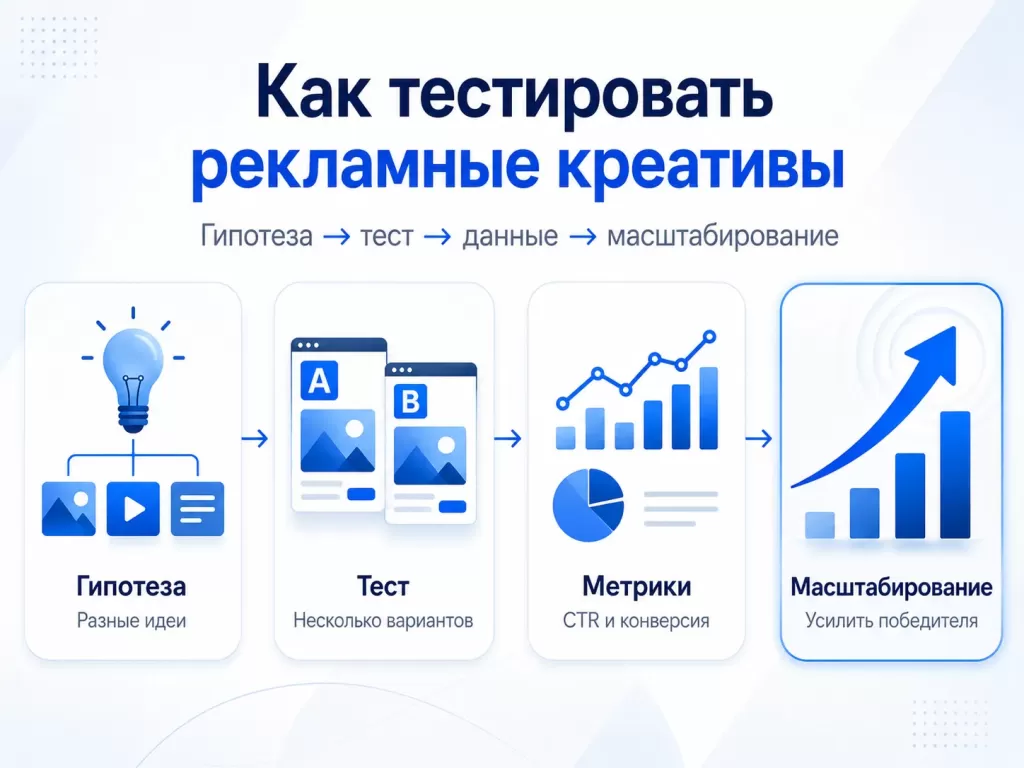 Инфографика о тестировании рекламных креативов: гипотеза, варианты, метрики и масштабирование.