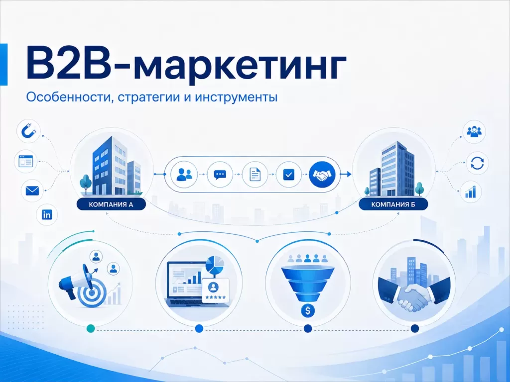 Обложка статьи о B2B-маркетинге, его особенностях, стратегиях и инструментах