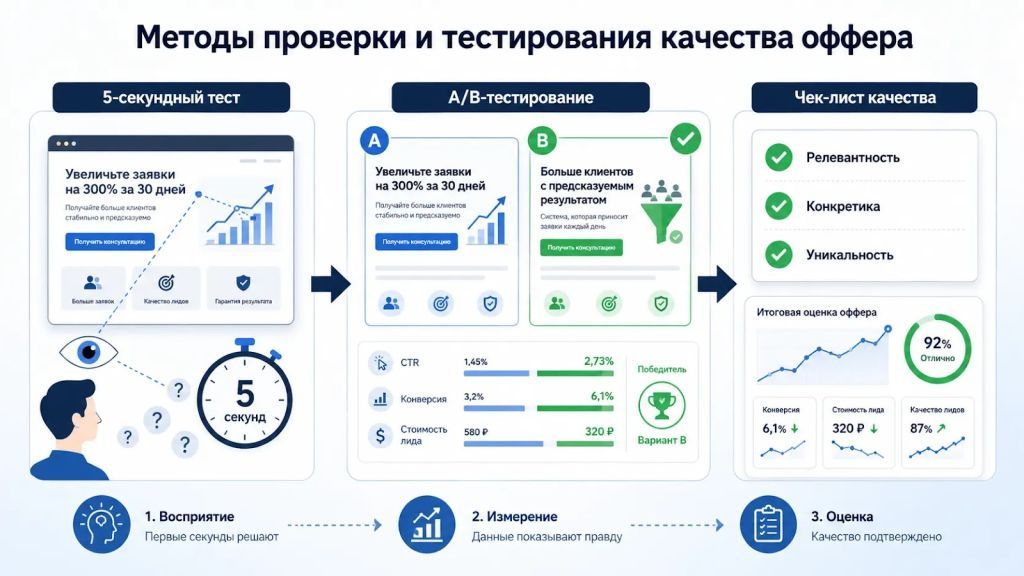 Инфографика о методах проверки качества оффера: пятисекундный тест, A/B-тестирование и аналитический чек-лист. 