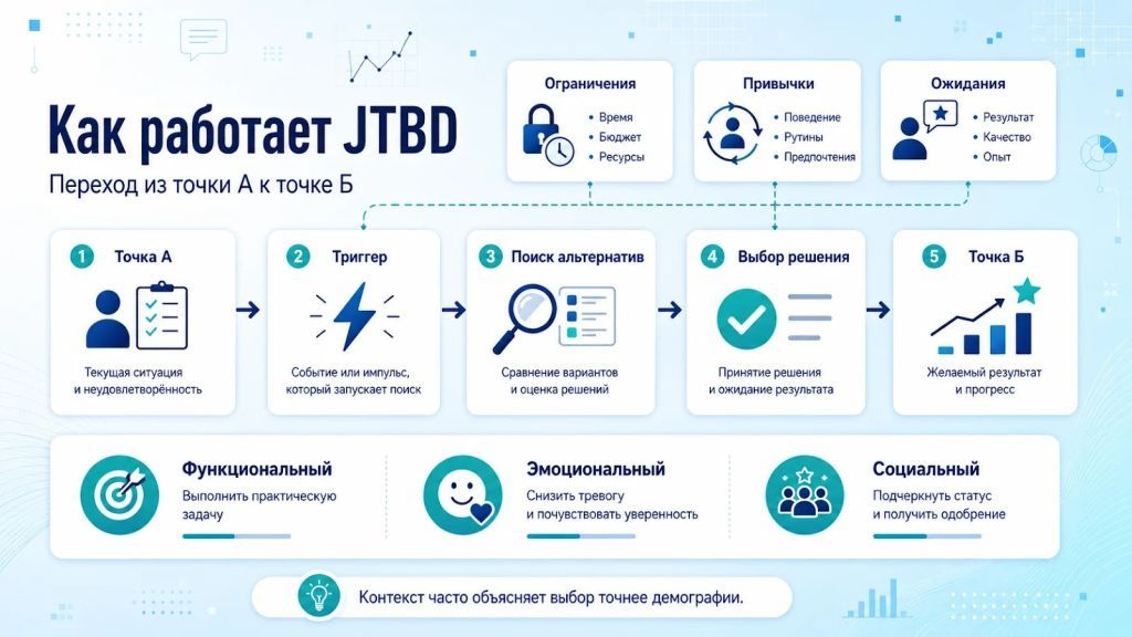 Как работает JTBD: путь клиента от точки А к точке Б и три уровня работ.