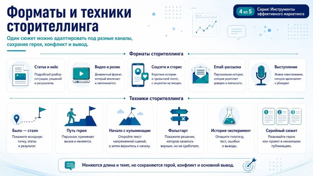 Форматы и техники сторителлинга для статей, видео, соцсетей, email и выступлений.