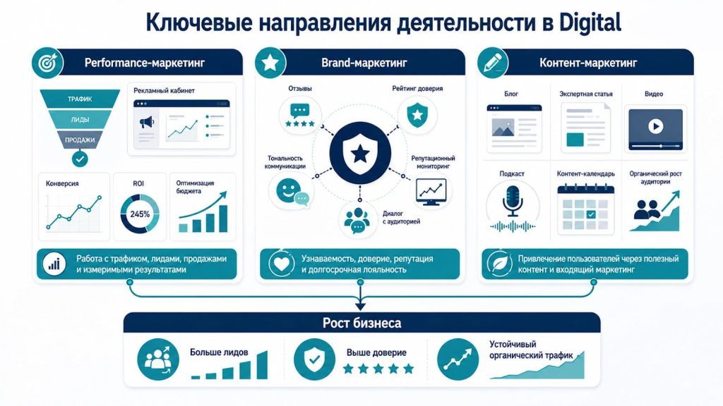 Инфографика о ключевых направлениях деятельности диджитал-маркетолога: performance, brand и content marketing. 