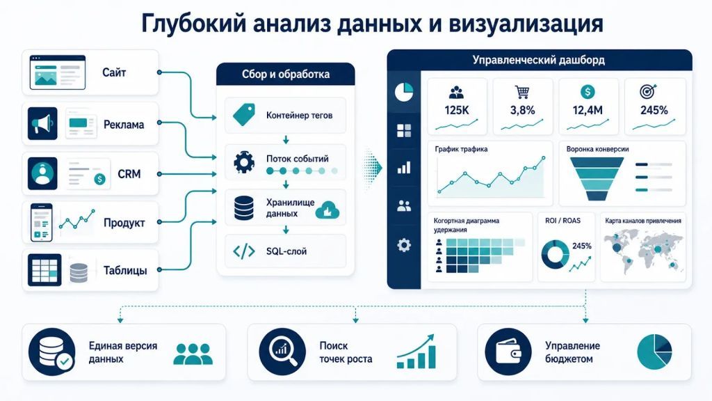 Инфографика о глубоком анализе данных, управлении тегами, продуктовой аналитике и визуализации в дашбордах. 