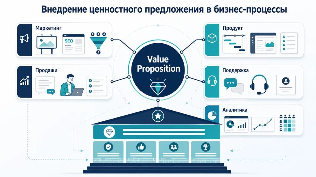 Инфографика о внедрении ценностного предложения в маркетинг, продажи, продукт и клиентский сервис. 