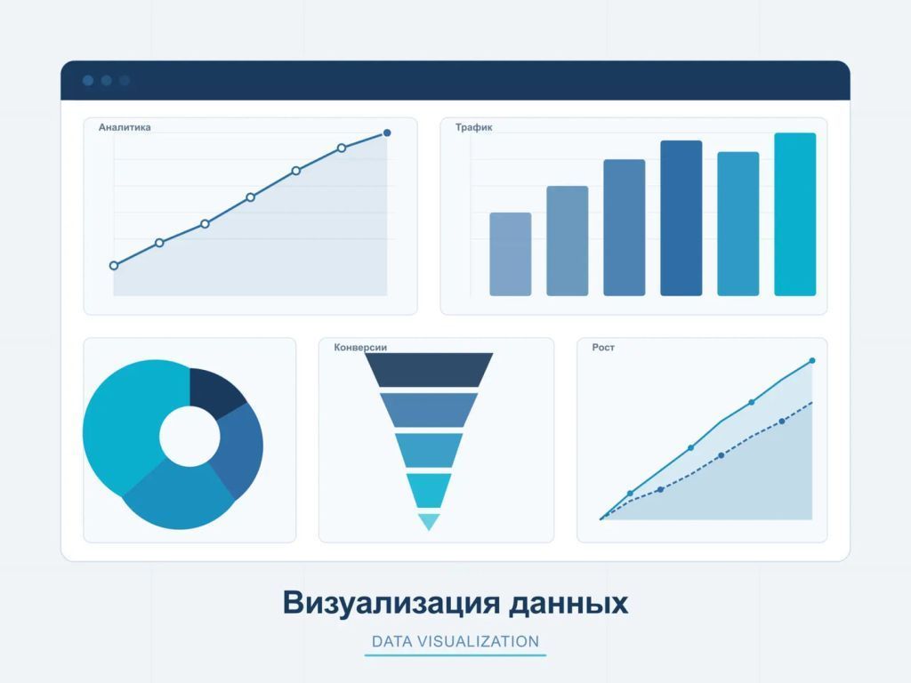 Аналитический дашборд с линейным графиком, столбчатой диаграммой, круговой диаграммой и воронкой конверсии на экране монитора
