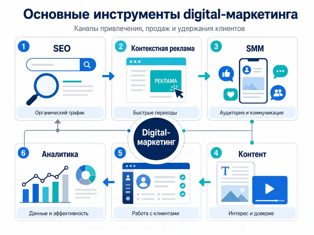 Основные инструменты digital-маркетинга: SEO, контекстная реклама, SMM, контент, CRM и аналитика
