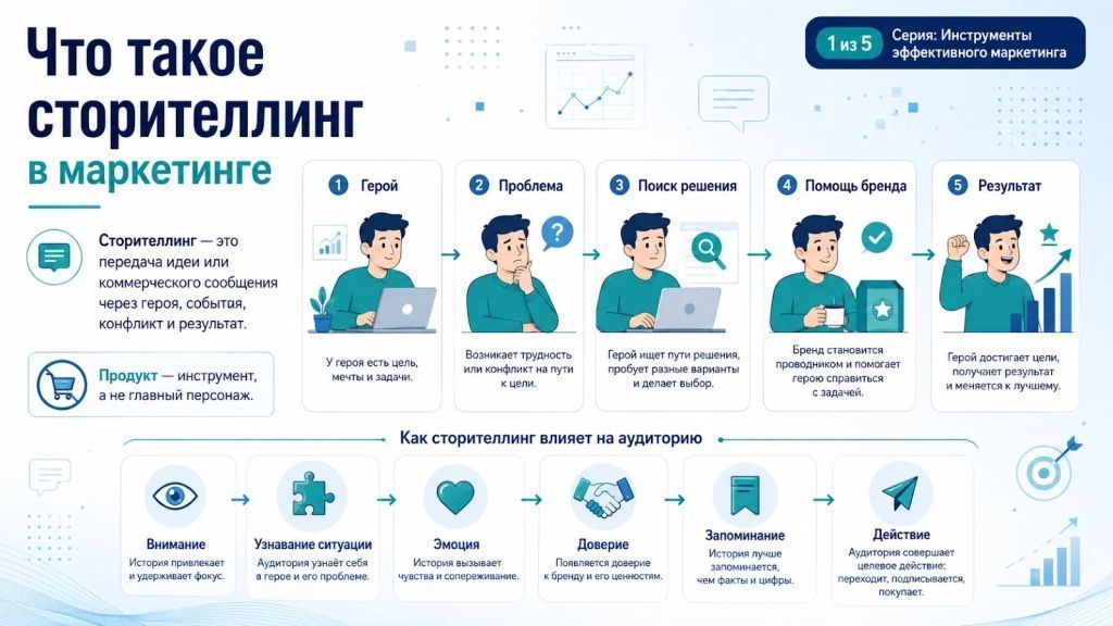 Что такое сторителлинг в маркетинге: герой проходит путь от проблемы к результату.