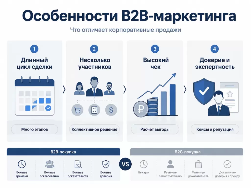 Инфографика с основными особенностями B2B-маркетинга: длинный цикл сделки, несколько участников, высокий чек и экспертность