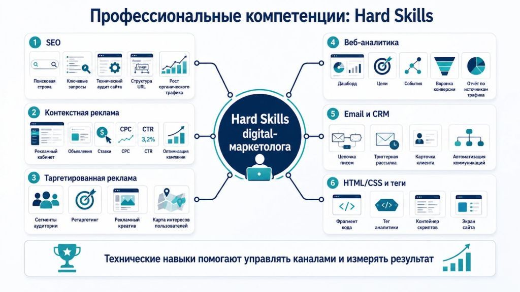 Инфографика о hard skills диджитал-маркетолога: SEO, реклама, веб-аналитика, email-маркетинг, CRM и базовый код. 