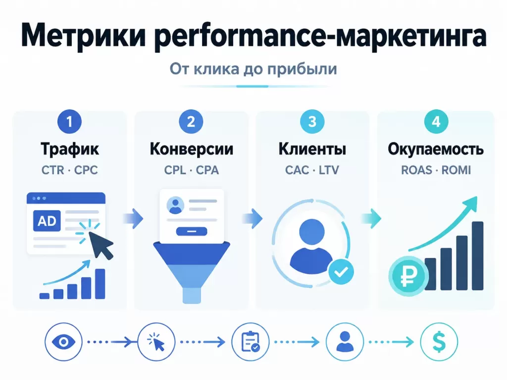 Метрики performance-маркетинга: CTR, CPC, CPL, CPA, CAC, LTV, ROAS и ROMI