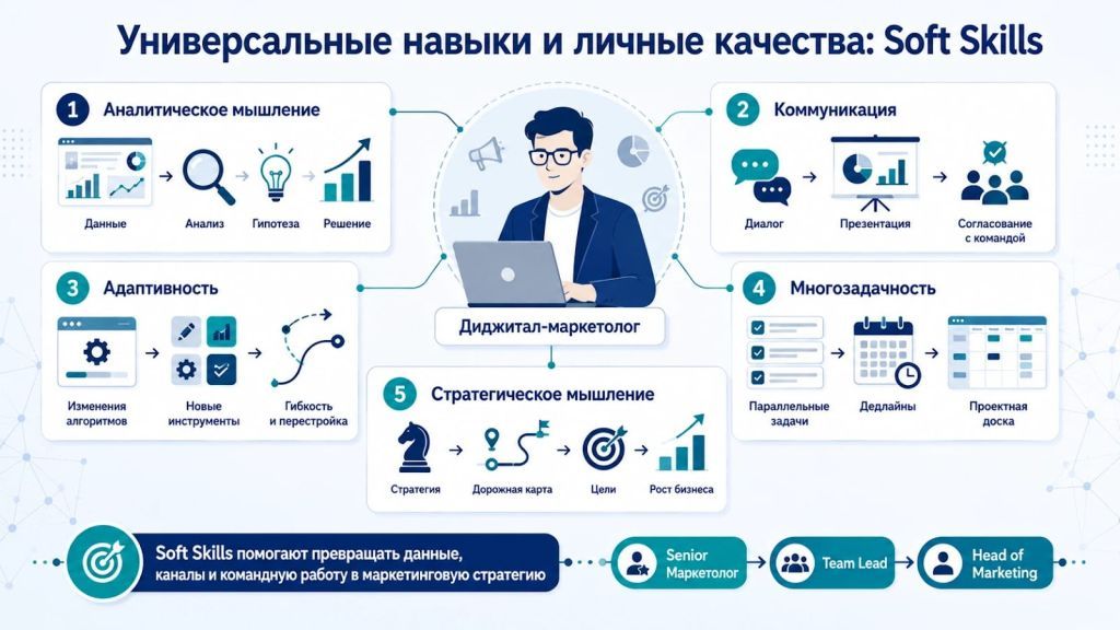 Инфографика о soft skills диджитал-маркетолога: аналитическое мышление, коммуникация, адаптивность, многозадачность и стратегическое мышление. 