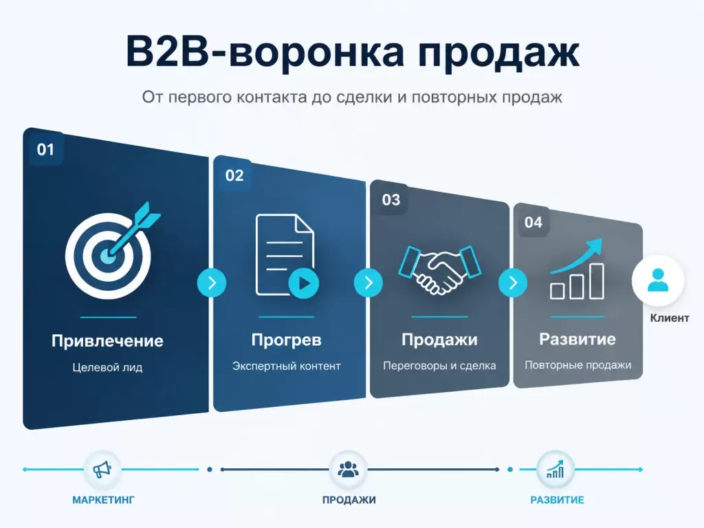 Инфографика B2B-воронки продаж от привлечения лида и прогрева до сделки и повторных продаж