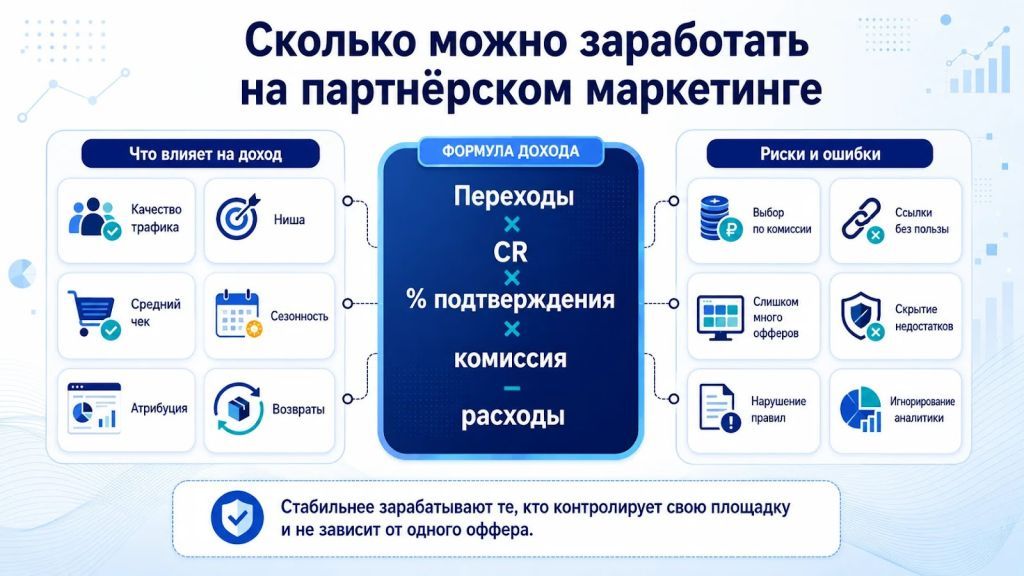 Сколько можно заработать на партнёрском маркетинге: формула дохода и риски.