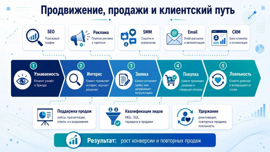 Продвижение, продажи и клиентский путь от узнаваемости до лояльности.