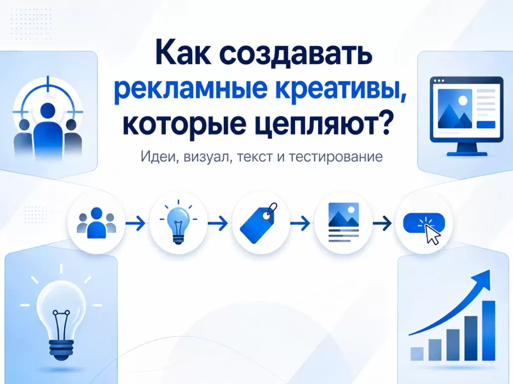 Обложка статьи о создании рекламных креативов, которые привлекают внимание и мотивируют к действию.