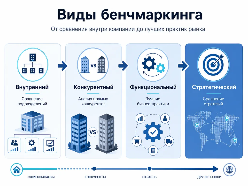 Основные виды бенчмаркинга: внутренний, конкурентный, функциональный и стратегический