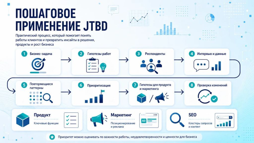 Пошаговое применение JTBD: восемь этапов для продукта, маркетинга и SEO.
